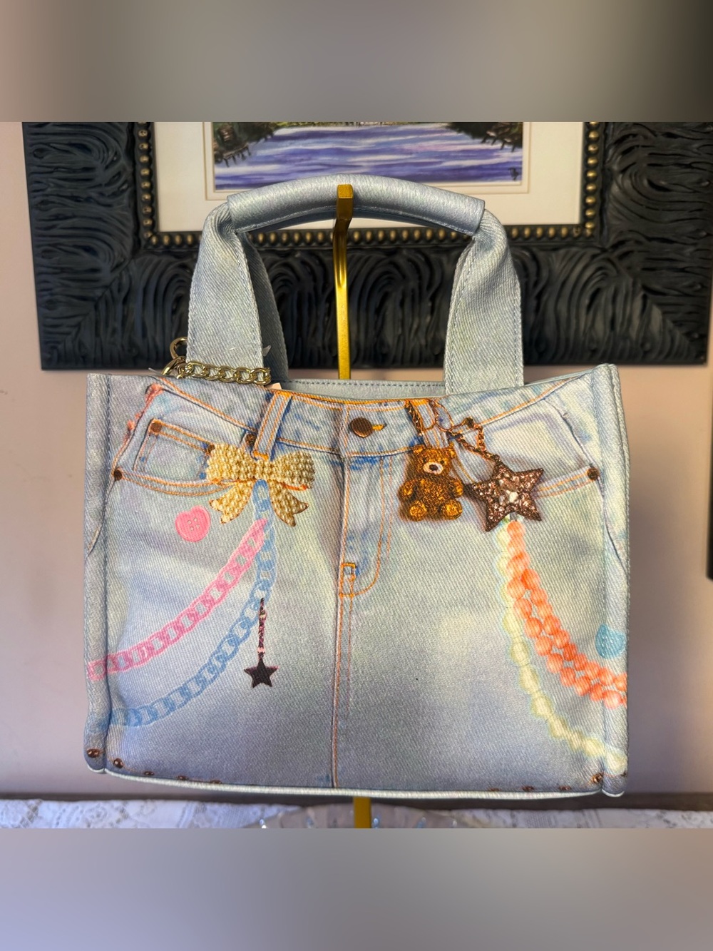 Betsey Johnson Light Blue Denim Mini Tote with Teddy Charm - Picture 2 of 12